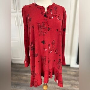 Zara Red Cartoon Sketch Heart Print Women's Hi Lo Drop Waist Ruffle Dress Large